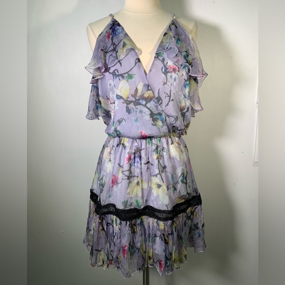 NWT Karina Grimaldi Revolve Floral Ruffle Silk Dress Lavender black lace easter